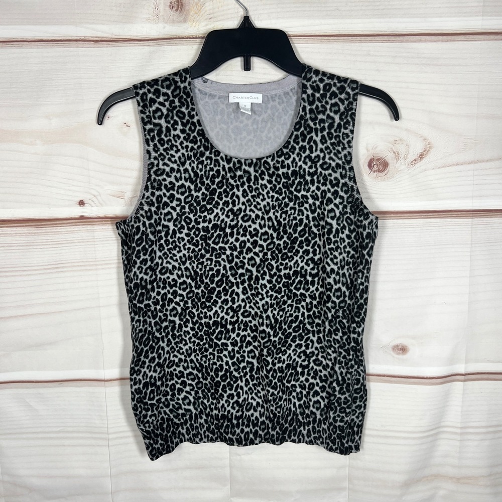 Charter Club Knit Tank Top Womens Medium Gray Leopard Print Sleeveless‎ Shell
